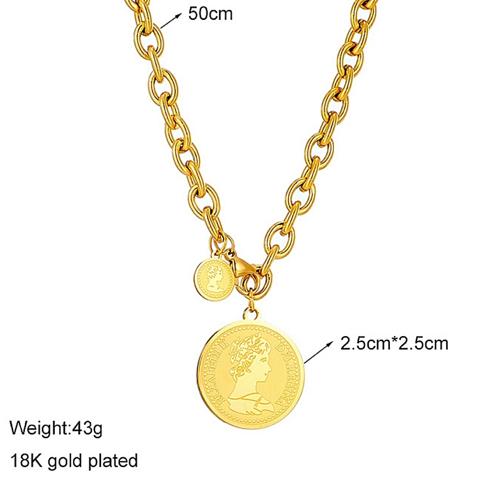 Queen Elizabeth Coin Gold Plated Chain Link Necklace Matching Bracelet Set - Picture 7 of 11